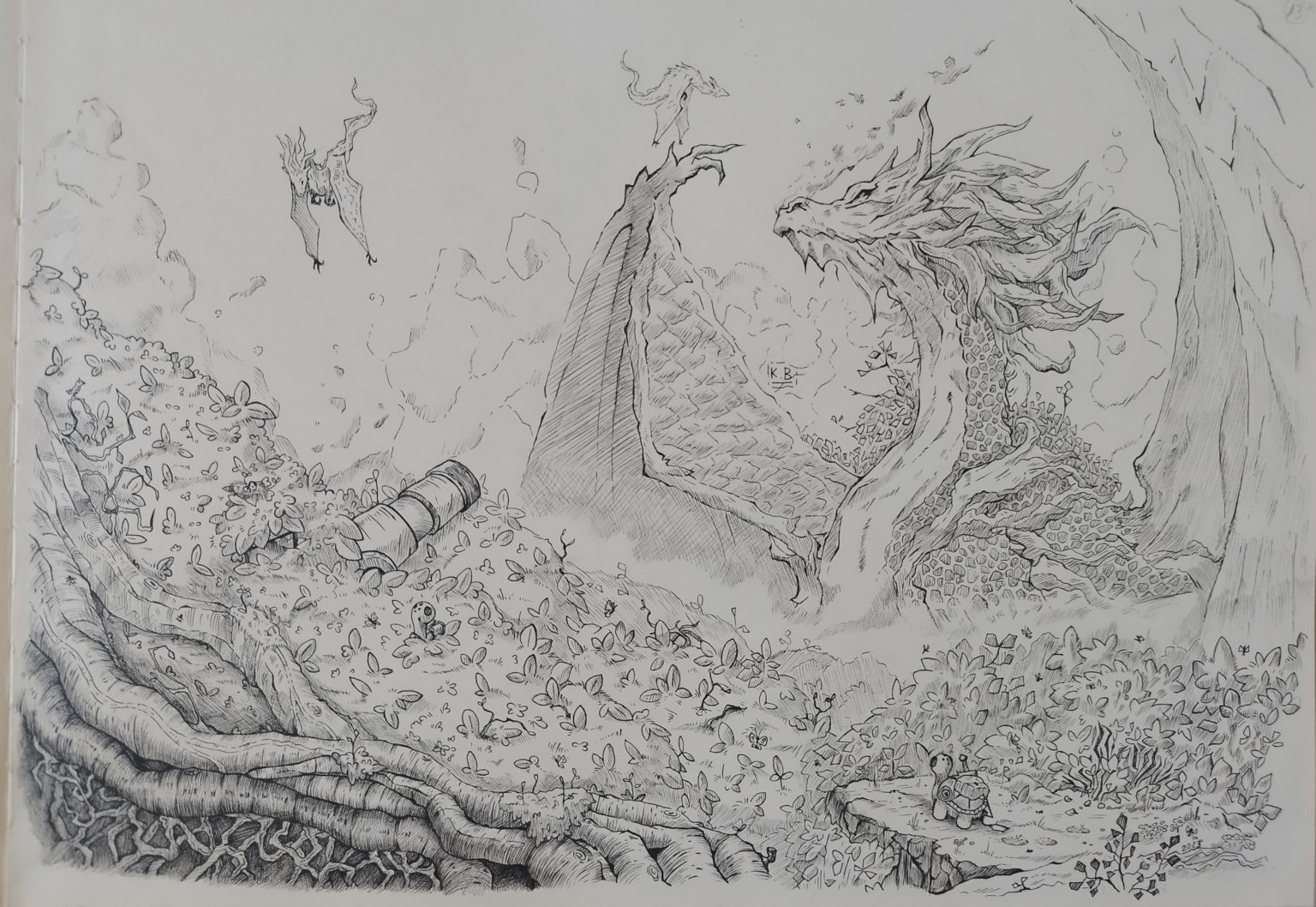 Illustration du grand dragon légendaire au feutre staedtler